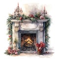 Watercolor fireplace with Christmas ornaments. Generative AI