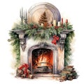 Watercolor fireplace with Christmas ornaments. Generative AI