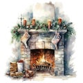 Watercolor fireplace with Christmas ornaments. Generative AI