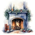 Watercolor fireplace with Christmas ornaments. Generative AI