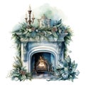 Watercolor fireplace with Christmas ornaments. Generative AI