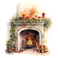 Watercolor fireplace with Christmas ornaments. Generative AI
