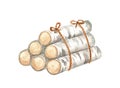 Watercolor firewood bundle illustration. Hand painted pile of round birch logs tied with rope isolated on white Royalty Free Stock Photo