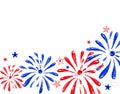 Watercolor firework saluting festival, hand painted festive banner for holiday events, memorial day, New Year, 4th of july. Royalty Free Stock Photo