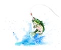 Watercolor fish jump from eater with splash, fishing scene