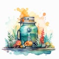 Watercolor Fish Tank Illustration With Plants - Kitchen Still Life Style Royalty Free Stock Photo