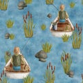 Watercolor fisherman in boat seamless pattern. Hand drawn fisher with fishing rod in wooden rowing boat, reed plants on Royalty Free Stock Photo