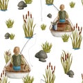 Watercolor fisherman in boat seamless pattern. Hand drawn fisher with fishing rod in wooden rowing boat, reed plants