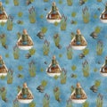 Watercolor fisherman in boat seamless pattern. Hand drawn fisher with fishing rod in wooden rowing boat, reed plants on