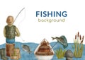 Watercolor fishing background. Hand drawn horizontal frame template with sitting fisherman, boat, reed, fishing rod