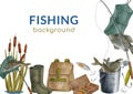 Watercolor fishing background. Horizontal frame with hand drawn fishing rod, bait, lure, landing net, bucket with fish