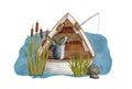 Watercolor fishing boat illustration. Hand drawn wooden rowboat in blue water with fishing rod, reed and bucket with