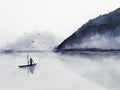 Watercolor fishing boat and island with mountains fog birds flying in the sky. traditional oriental. asia art style