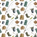 Watercolor fishing equipment seamless pattern. Hand drawn fishing rod, bait, lure, net, bucket with fish, creel