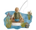 Watercolor fishing scene illustration. Hand drawn fisherman with fishing rod in classic wood boat in blue river water