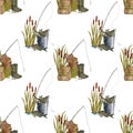 Watercolor fishing seamless pattern. Hand drawn fishing rod, bucket of fish, reed plant and lure isolated on white