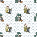 Watercolor fishing seamless pattern. Hand drawn fishing rod, landing net, bucket of fish, reed plant and lure isolated