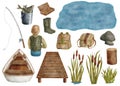 Watercolor fishing set. Hand drawn boat, reed, wood gangway, fisherman back, fishing rod, bucket with fish, lure, creel