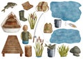 Watercolor fishing set. Hand drawn boat, reed, wood pier, fisherman back, fishing rod, bucket with fish, lure, creel