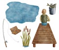 Watercolor fishing set. Hand drawn fisherman on wood pier, blue water background, fishing rod, reed, bucket with fish