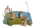 Watercolor fishing tackle illustration. Hand drawn fishing rod, creel, lure, bucket of fish on wooden bench near blue