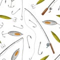 Watercolor Fishing Tackle Seamless Pattern. Hand Drawn Fishing Rod, Hook, Bait, Lure Isolated On White. Fisherman&#x27;s