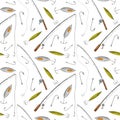 Watercolor fishing tackle seamless pattern. Hand drawn fishing rod, hook, bait, lure isolated on white. Fisherman's