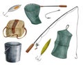 Watercolor fishing tackle set. Hand drawn fishing rod, net, metal bucket, wicker creel, hook, bait, lure isolated on