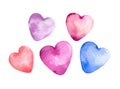 Watercolor five pink, purple, blue hearts set isolated on white. Valentines day hand painted art collection