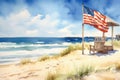 Watercolor Flag Beach Scene: Create a watercolor background of the American flag