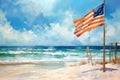 Watercolor Flag Beach Scene: Create a watercolor background of the American flag