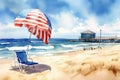 Watercolor Flag Beach Scene: Create a watercolor background of the American flag