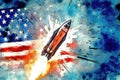 Watercolor Flag Rocket: Paint a watercolor American flag as the background