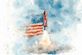 Watercolor Flag Rocket: Paint a watercolor American flag as the background