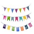 Watercolor flags garlands set. Party, kids party or wedding decor elements isolated on white background. For design