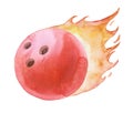 Watercolor flaming cricket ball on fire flying through the air on white Royalty Free Stock Photo