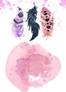 Watercolor flamingo feathers with splashes isolated on the white background