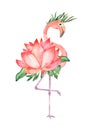 Watercolor flamingo and flower lotus Royalty Free Stock Photo