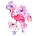 Watercolor flamingo with flowers. Hand drawn illustration