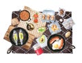 Watercolor flat lay camping meal on dark rug with roasted fish