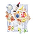 Watercolor flat lay picnic on light rug with red wine and glasses, fruits, sandwiches