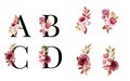 Watercolor floral alphabet set of A, B, C, D with red and brown flowers and leaves. Flowers composition for logo, cards, branding