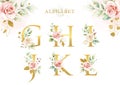 Watercolor floral alphabet set of G H I J K L with golden leaves