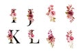 Watercolor floral alphabet set of I, J, K, L with red and brown flowers and leaves. Flowers composition for logo, cards, branding Royalty Free Stock Photo