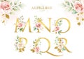 Watercolor floral alphabet set of M N O P Q R with golden leaves