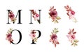 Watercolor floral alphabet set of M, N, O, P with red and brown flowers and leaves. Flowers composition for logo, cards, branding