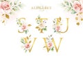 Watercolor floral alphabet set of S  T  U  V  W with golden leaves. Royalty Free Stock Photo