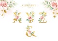 Elegant watercolor floral alphabet set of X Y  Z  & with golden leaves Royalty Free Stock Photo