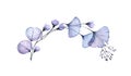 Watercolor floral arch. Blue branches, flowers and leaves. Round design element. Transparent detailed foliage isolated