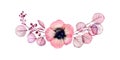 Watercolor floral arrangement. Horizontal design element. Abstract poppy flower with branches and berries on white